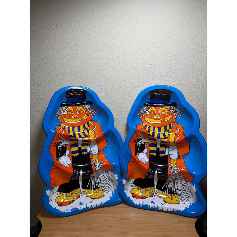 Vintage Berman Industries Halloween Serving Trays Set 2 Blue Scarecrow Pumpkin